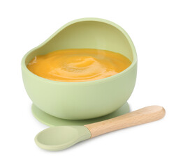 Baby food. Tasty puree in bowl and spoon isolated on white