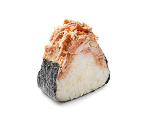 Tasty onigiri (Japanese rice ball) with tuna on white background