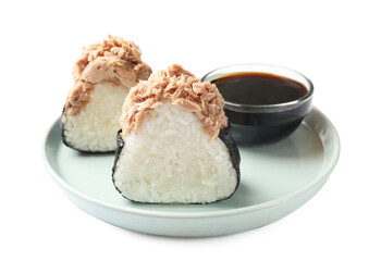 Tasty onigiri (Japanese rice balls) with tuna and soy sauce on white background