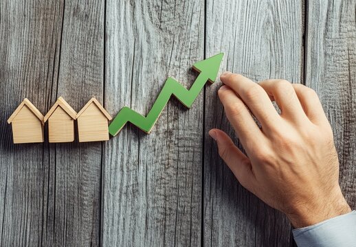 The image of an analyst pressing a down arrow near wooden homes represents a collapsing real estate market. Falling prices, low demand, and reduced mortgage rates signal a crisis, with bankruptcy and