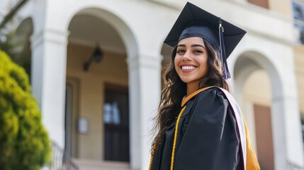 Graduating student smiles in cap and gown at university campus on graduation day
