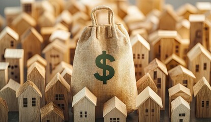 The image of a money bag with an upward arrow and miniature wooden houses represents increasing property values. High mortgage rates and costly rentals highlight the surging demand for homeownership