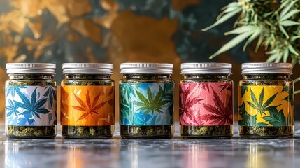 Six glass jars filled with cannabis buds sit in a row showcasing vibrant label designs featu stylized cannabis leaves against colorful backgrounds.