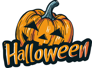 Halloween pumpkin with carved face and bold text.