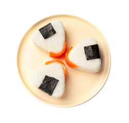 Tasty onigiri (Japanese rice balls) isolated on white, top view