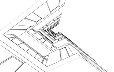 Modern Architectural Sketch - Abstract Residential Building - Wireframe Perspective - Vector Illustration