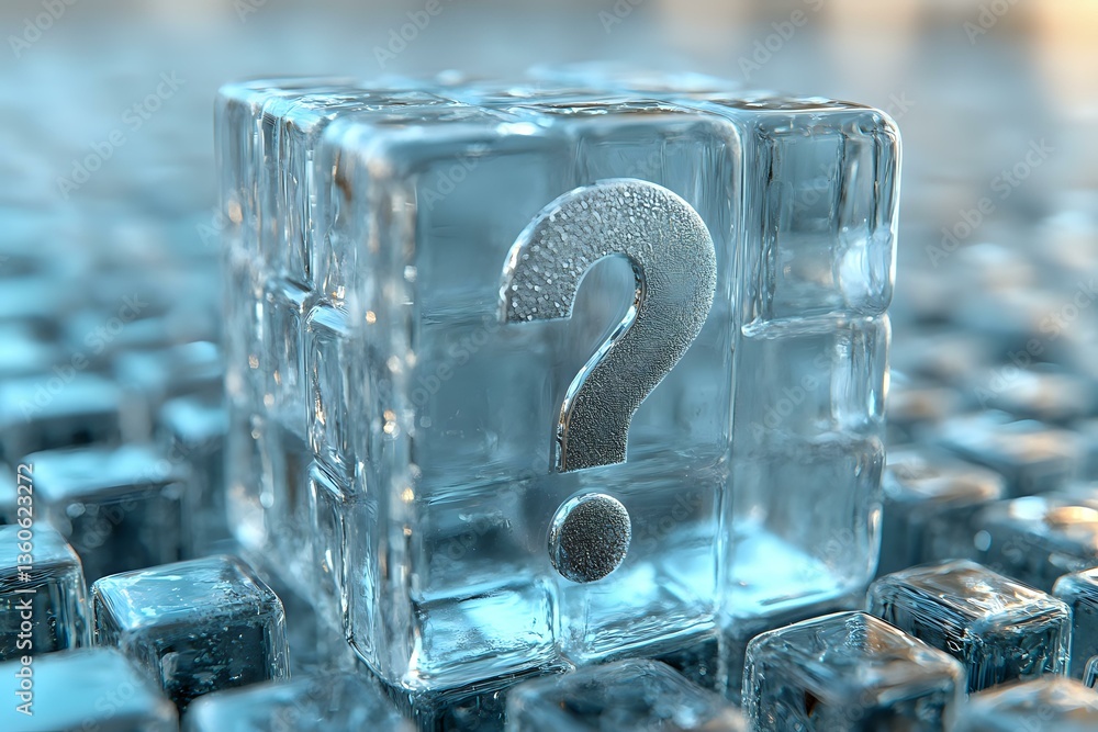 Poster frozen question mark symbol trapped in transparent ice cube, macro view against blurred blue backgro