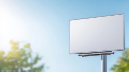Fototapeta premium A blank billboard mockup stands tall against a bright blue sky with blurred green trees offe a perfect template for advertising design and marketing presentations.
