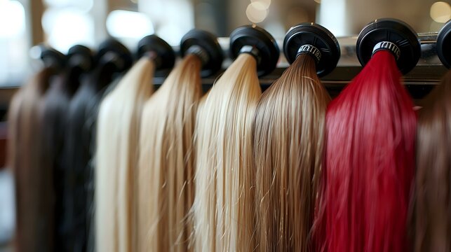 Colorful hair extensions displayed on rack showing variety of natural and vibrant shades from blonde to red, arranged in salon setting for beauty industry use.