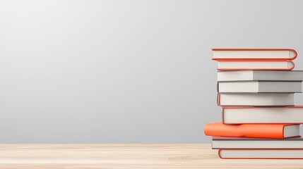 A neat stack of hardcover books with orange and white covers rests on a light wood table against a minimalist grey background perfect for education concepts.