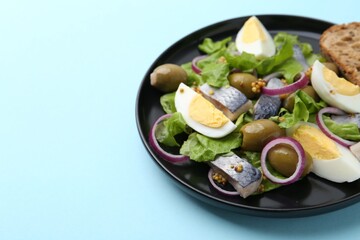 Delicious salad with herring, egg, mustard and vegetables on light blue background, closeup. Space...