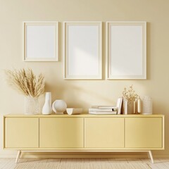 Yellow sideboard with framed mockups, pampas grass, and decor.