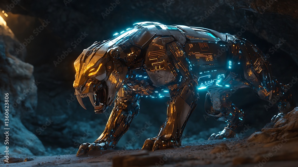 Poster a futuristic robotic tiger with glowing elements in a dark cave setting.