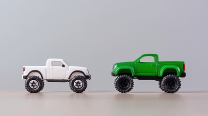 Two toy pickup trucks a white one and a green one are facing each other on a light wooden surface against a light gray background perfect for advertising or children's content.
