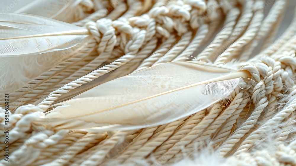 Poster delicate white feathers intertwined with natural rope knots create ethereal texture and pattern, evo