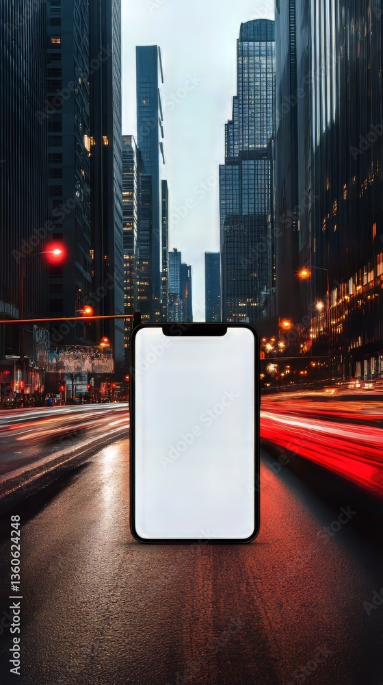 Poster smartphone blank screen display in city with light trails. app template or design presentation.