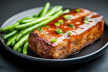 Glazed salmon fillet with teriyaki sauce and fresh green beans on black plate, garnished with chopped scallions. Close-up food photography with selective focus.