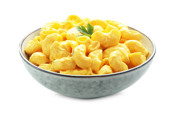Delicious pasta with cheese sauce in bowl isolated on white