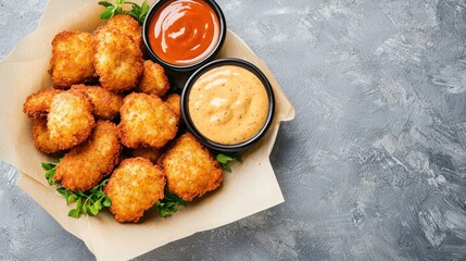 Crispy golden chicken nuggets served in a paper basket with two delicious dipping sauces; ketchup and creamy mayonnaise based sauce on a gray textured background.