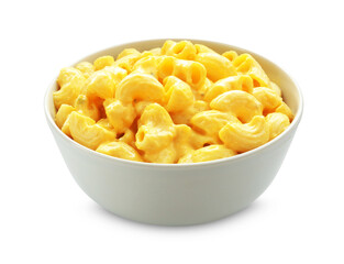 Delicious pasta with cheese sauce in bowl isolated on white