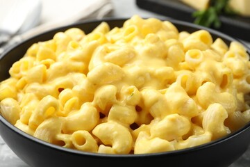 Delicious pasta with cheese sauce in bowl on table, closeup