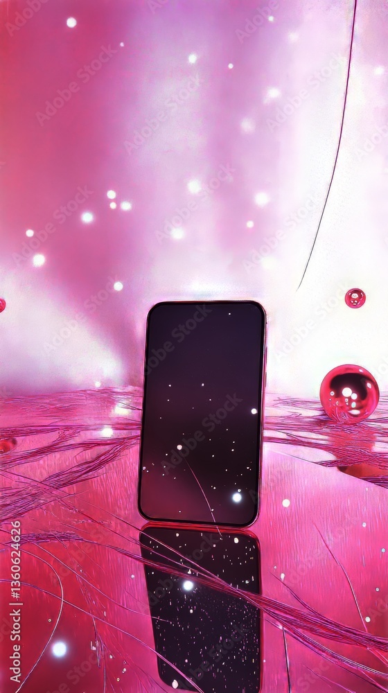Aufkleber sleek mobile device against an abstract pink backdrop with reflective surface and spherical decorati