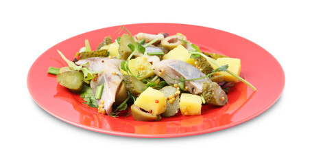 Delicious salad with herring isolated on white