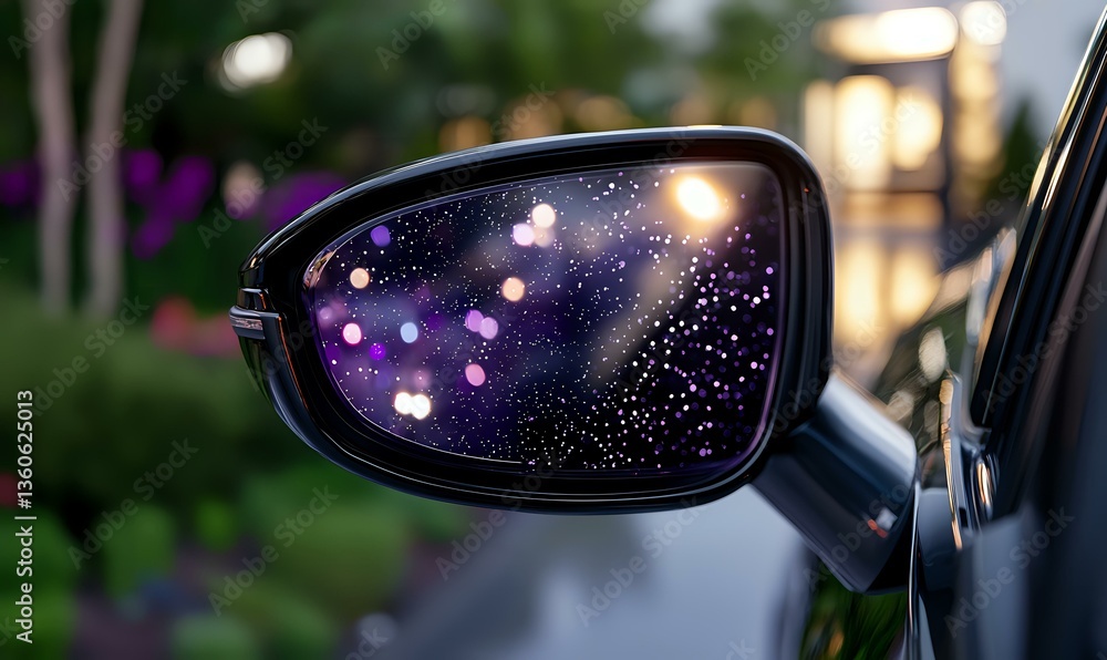 Poster car side mirror reflecting evening bokeh lights and raindrops creating magical starry effect against