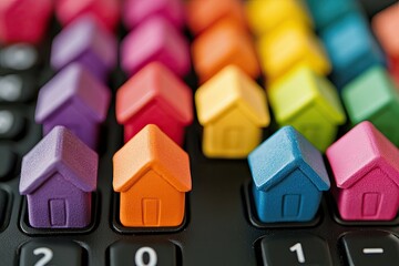 Obraz premium A calculator and colorful houses, representing the process of buying a home using loans or mortgages