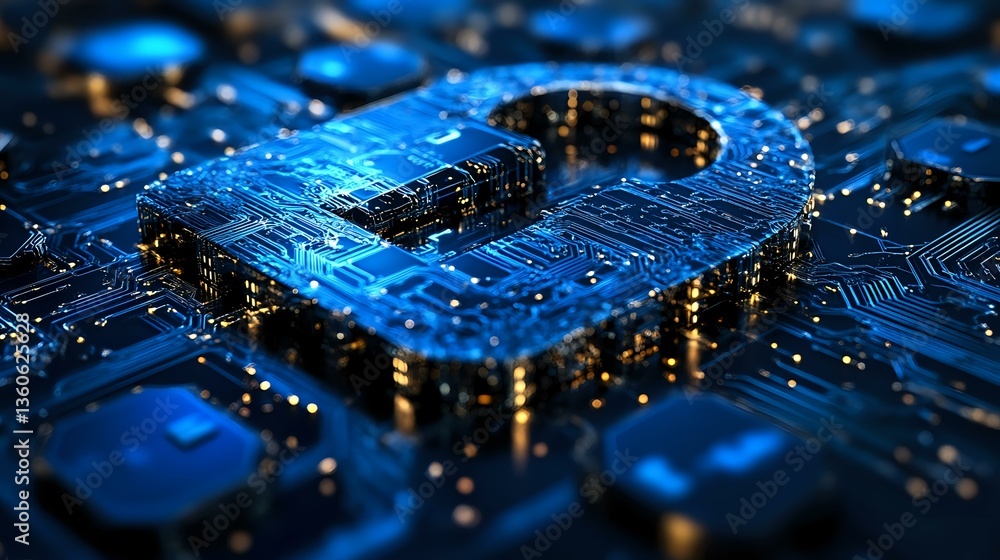 Poster digital padlock symbol glowing on circuit board with blue light effect, representing cybersecurity a
