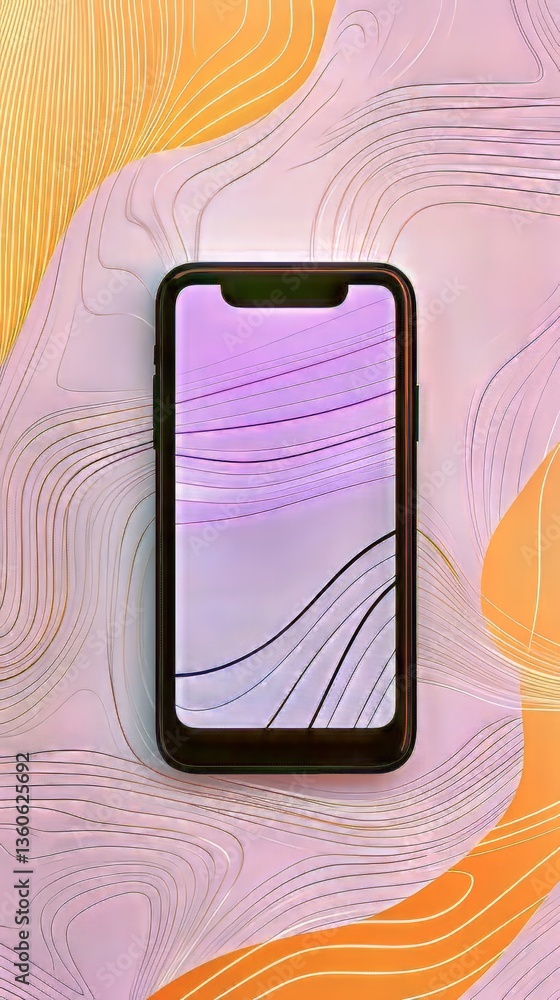 Poster modern smartphone with a sleek design and a vibrant screen display on an abstract background.
