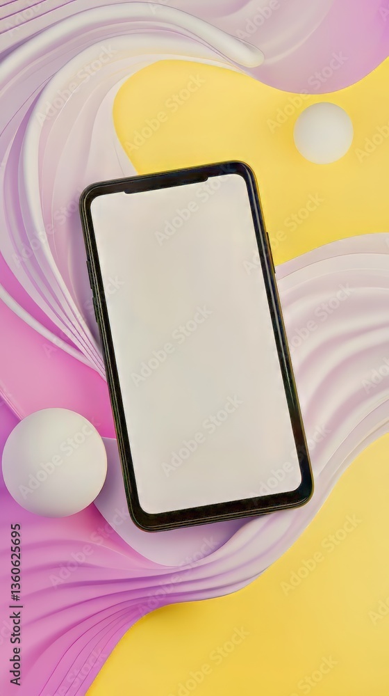 Poster smartphone on abstract background with spheres and colorful waves. modern technology display mockup.