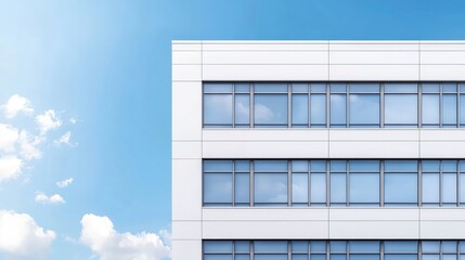 A modern white office building with many against a bright blue sky with fluffy white clouds providing a clean and professional aesthetic.