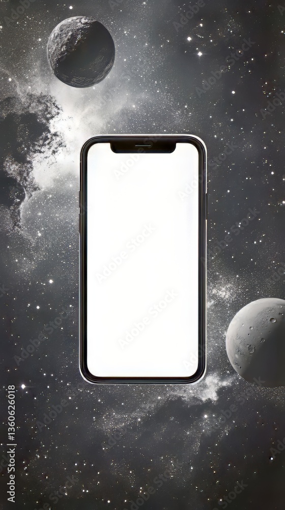 Aufkleber smartphone display against cosmic background with orbiting planets and nebula featuring bright blank