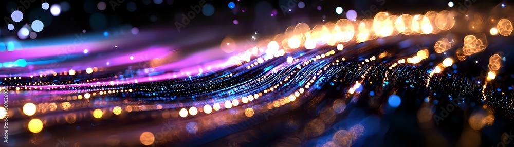 Poster glowing abstract light trails with bokeh effect in pink, blue and gold colors create dynamic motion 