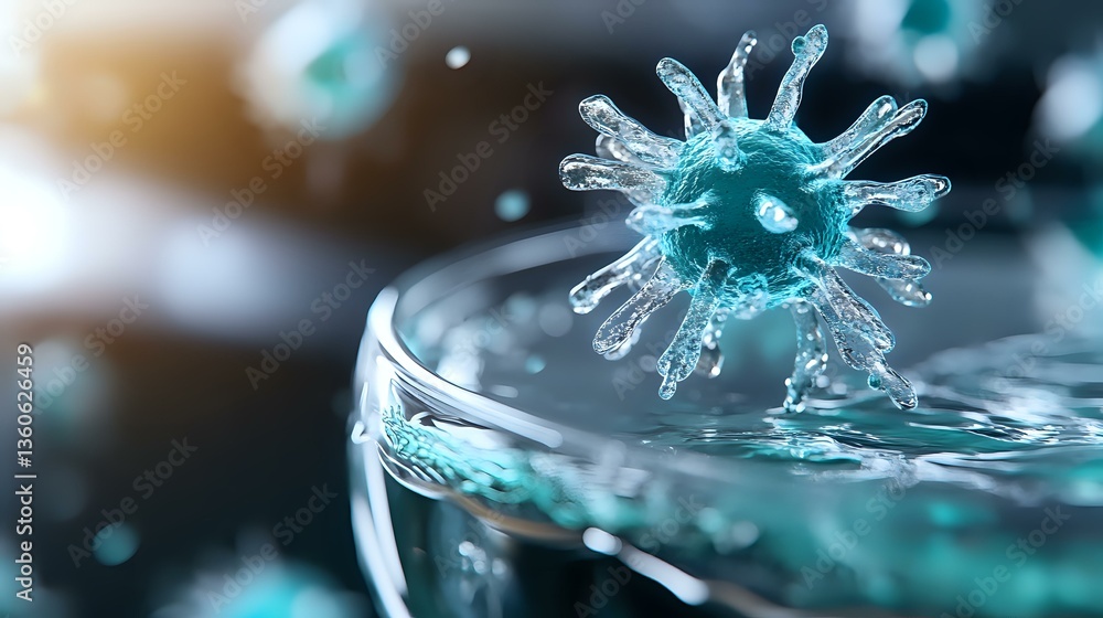 Poster microscopic virus cell in turquoise blue color floating above water surface with droplet splash effe