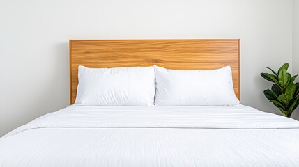 A pristine white duvet and two fluffy pillows rest on a neatly made bed with a light wood headboard against a minimalist white wall.
