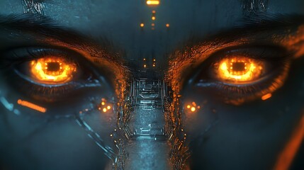 A close-up of a futuristic, robotic eye with glowing orange elements and a digital background.