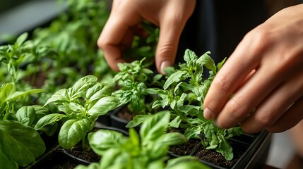 A person tending to young plants in a tray, focusing on growth and gardening.