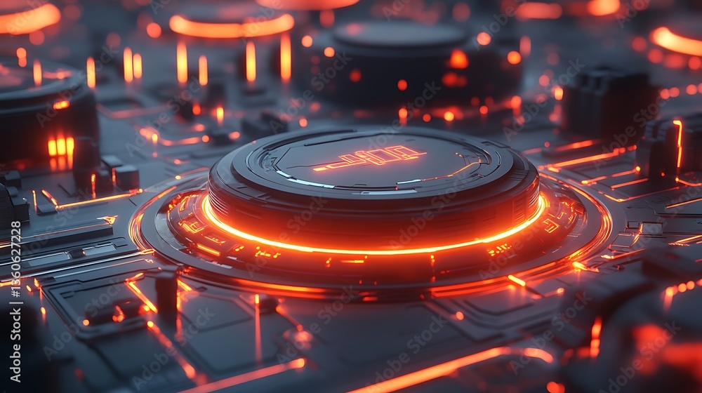 Poster a futuristic circuit board with glowing elements, emphasizing technology and innovation.