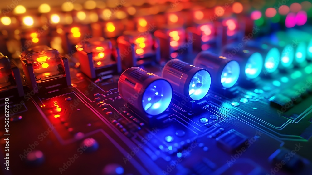 Poster a close-up of a circuit board with colorful led lights and knobs, showcasing technology.