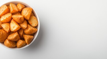 Obraz premium A white bowl overflows with golden brown roasted potato wedges on a bright white background perfect for a food blog or cookbook recipe.
