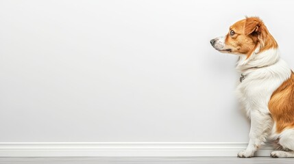 A cute small dog with brown and white fur sits attentively against a plain white wall looking to the right in a studio shot.
