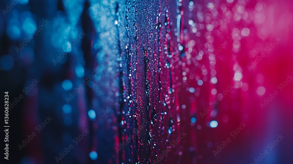 Poster a close-up of a wet surface with colorful reflections and droplets.