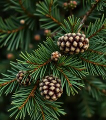 Close-up of a fragrant fir tree branch with pine needles and cones, closeup, holiday season