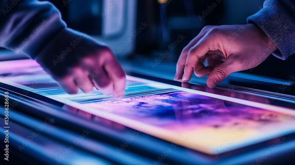 Poster two hands interacting with a colorful touchscreen display, showcasing digital content.