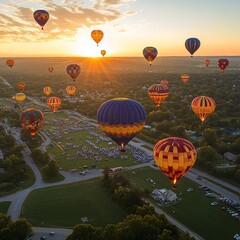 Obraz premium Sunrise hot air balloon festival, aerial view