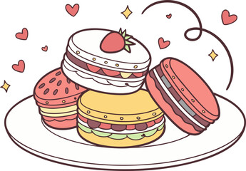 delicious macarons with berries on a white plate, isolated vector