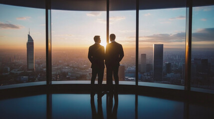 A business leader mentors a young professional in a sophisticated office setting. The two are silhouetted against a breathtaking sunset, highlighting their discussion and professional connection.