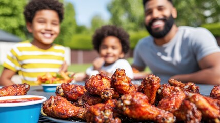 A happy family enjoys a delicious barbecue lunch outdoors with grilled chicken wings and their children smiling in the background on a sunny day.